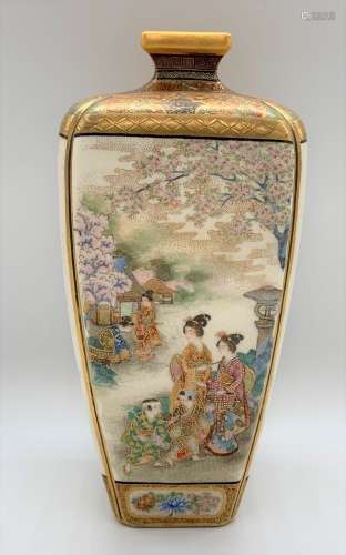 A Japanese Meiji period Satsuma square section vase with floral painted shoulders and four