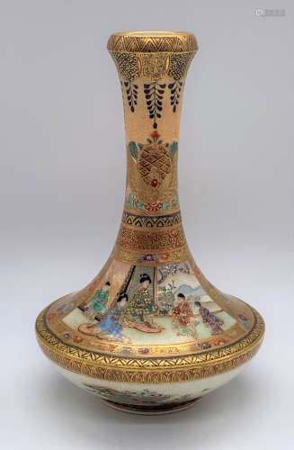 A good Japanese Meiji period Satsuma vase decorated with two panels of figures with a floral border,