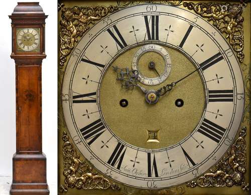 SAMUEL OGBORN (London, 1698-1722); a burr walnut cased longcase clock, the hood with blind fret