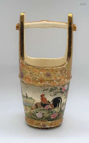 A Japanese Meiji period Satsuma pail with millefiori upper section and base decorated with two