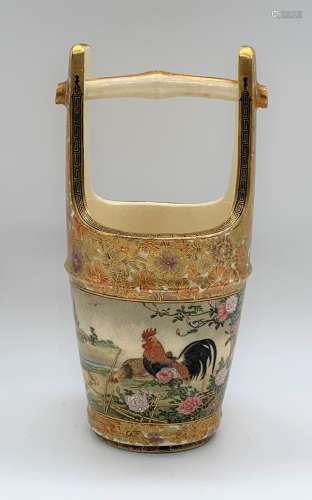 A Japanese Meiji period Satsuma pail with millefiori upper section and base decorated with two