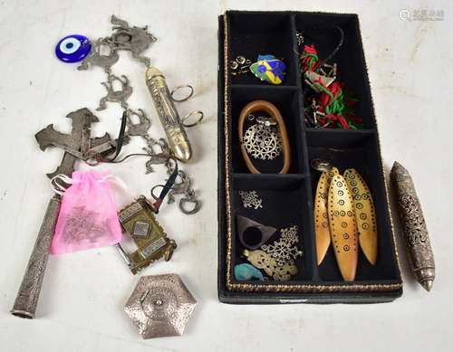 A group of African tribal jewellery including a necklace, also a portable white metal ashtray, a