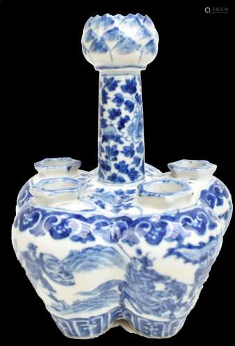 A 19th century Chinese porcelain six division tulip vase painted in underglaze blue with martial
