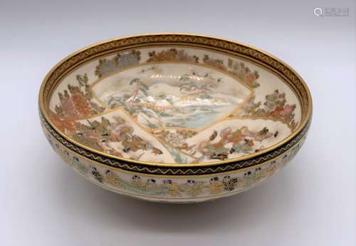 A fine Japanese Meiji period Satsuma bowl, the interior painted with three panels depicting a