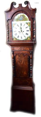 An early to mid-19th century mahogany and crossbanded longcase clock, the repainted arch dial