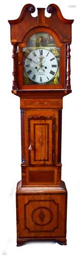 A mid-19th century oak rosewood crossbanded and inlaid long case clock, the arched dial repainted