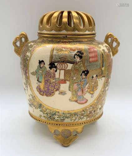 A good Japanese Meiji period Satsuma koro, the pierced domed lid above twin pierced handles and