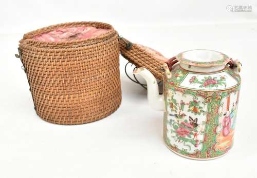 A 20th century Chinese Canton teapot painted with figures and birds in panels, height 12cm, fitted