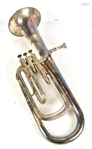 A silver plated horn with engraved decoration, marked 'H Distin, Cranbourn Strt, Leicester Sq,