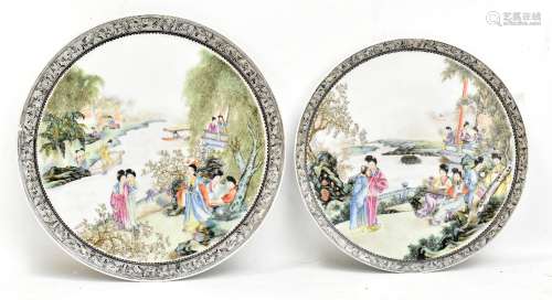 Two Chinese porcelain Republic period circular plates, each painted in enamels with figures in