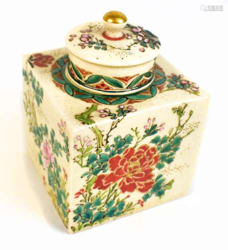 A Japanese Meiji period Satsuma natsume of square from with circular lift-off lid and decorated with