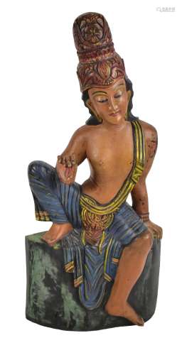 A large 20th century polychrome painted Buddhist wooden figure of Bodhisattva Maitreya in seated