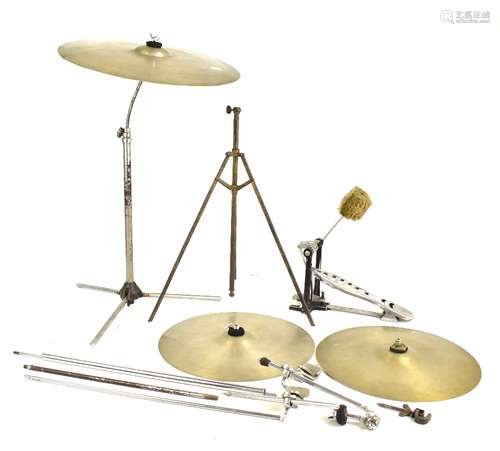 A crash cymbal, diameter 41cm, a high hat cymbal and further assorted components and accessories