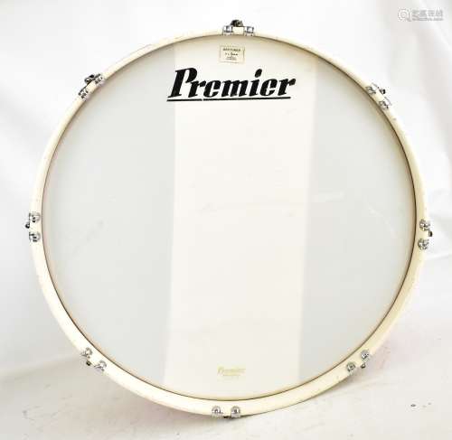 PREMIER; a large red and white drum, with label inscribed 'Restored by D.A. Presley of Alverston',