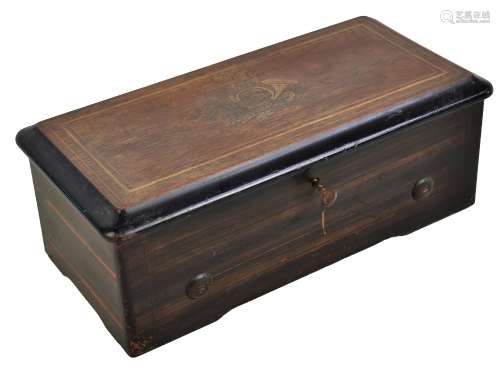 A 19th century Swiss musical box, the case with inlaid decoration of musical instruments, length