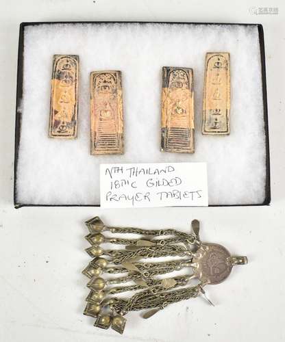 Four North Thailand 18th century gilded prayer tablets, each approx 7 x 2.5cm, and a Burmese