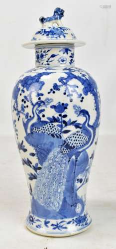 A Chinese blue and white porcelain lidded jar, painted with peacocks in landscape setting, bears