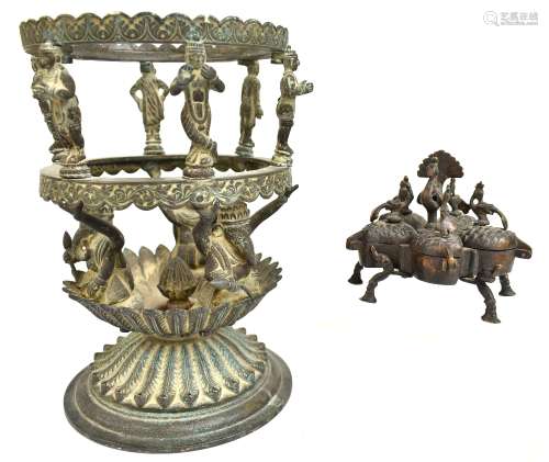 A late 19th/early 20th century Indian cast metal brazier/burner with supports modelled as Hindu
