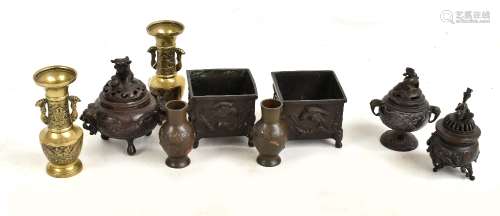A group of Asian metalware including a pair of Japanese sectioned jardinières, a small pair of brass