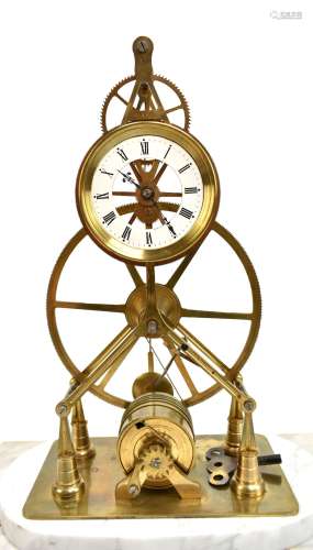 A brass skeleton clock with fusée movement, the enamelled chapter ring set with Roman numerals, on