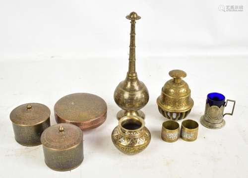 A mixed group of Eastern brass ware including inlaid rosewater sprinkler, height 27cm, squat vase,