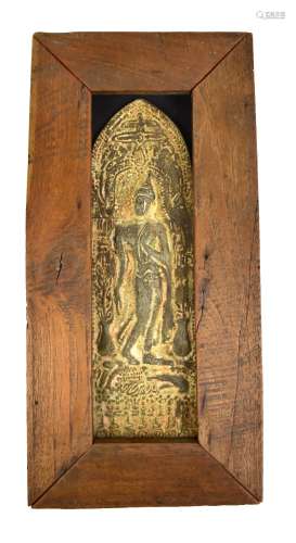 An ancient Southeast Asian arched plaque depicting a Bodhisattva, 33 x 10cm, now in wooden frame.