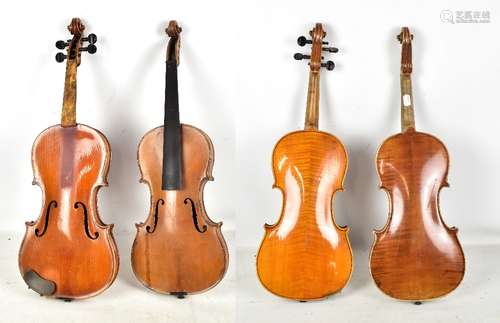 A full size German Stradivarius copy violin with two-piece back, length 35.8cm and another violin