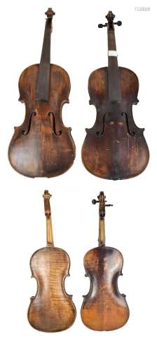 A full size German violin with two-piece back, length 36cm, branded Hopf below the button, also a