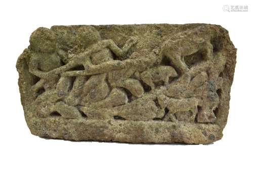 A Southeast Asian carved section of frieze depicting figures and animals, length 42cm.Additional
