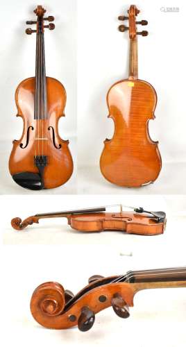 A full size German violin with two-piece back, length 35.6cm, unlabelled, in modern case.
