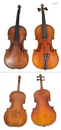 A full size German violin (for restoration), with one-piece back, length 35.7cm, also a German