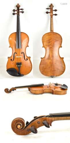 A full size German violin with two-piece back, length 35.7cm, unlabelled, in modern case.