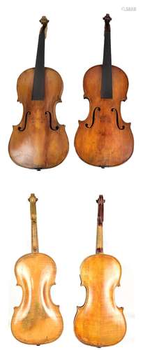 A full size German violin with two-piece back, length 35.8cm, unlabelled, and another full size