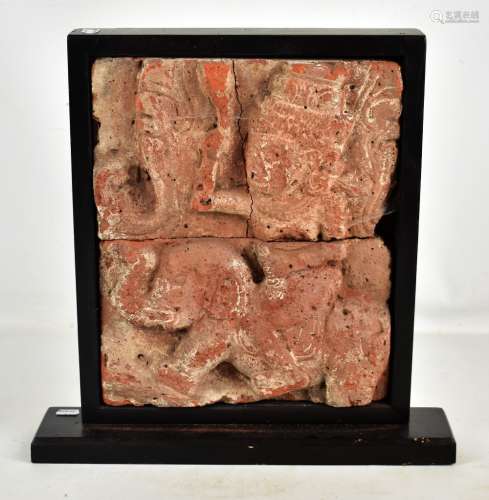 Two ancient Southeast Asian architectural tiles depicting a deity riding an elephant, 37 x 30cm, now