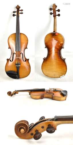 A full size German Stradivarius copy violin, with two-piece back, length 35.8cm and branded below