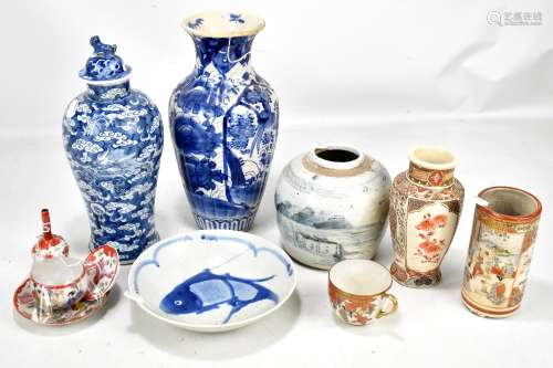 A mixed group of Chinese and Japanese ceramics including late Ming Swatow jar with underglaze