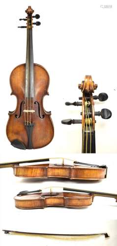 A full size German violin with one-piece back, unlabelled, length 36cm, cased with a bow.