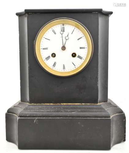 LEE & SON OF PARIS; a Victorian slate mantel clock, the circular enameled dial with Roman