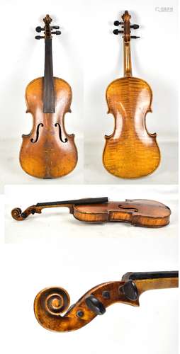 A three quarter size violin for restoration, with two-piece back, length 33.3cm, in modern case.