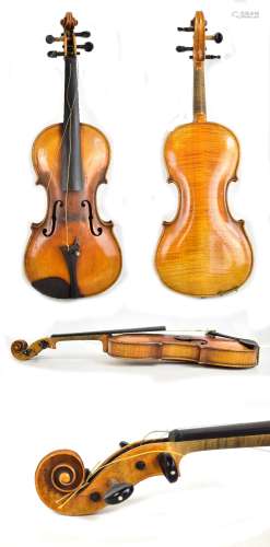 A full size German violin, Stainer copy with two-piece back, length 35.5cm, cased with two nickel