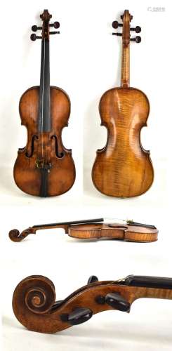A full size violin with one-piece back, no label or apparent marks, length of back 35.5cm, cased.