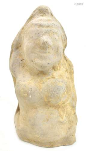 A Chinese Han dynasty stoneware figure, upper torso and head only, features indistinct, height
