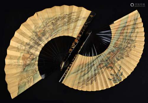 Two late 19th/early 20th century lacquer and paper fans, both sets of outer sticks with gilt and