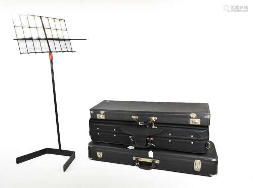 A double viola case, a violin case, a bow case and a music stand (4).