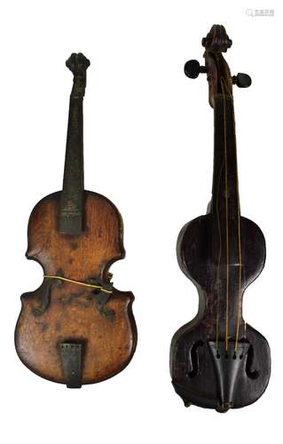 An unusual pochette type violin, length 44cm, and a wooden model of a violin with metal mounts,