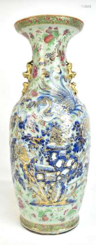 A 19th century Chinese porcelain Famille Rose twin handled floor vase, with relief andpainted