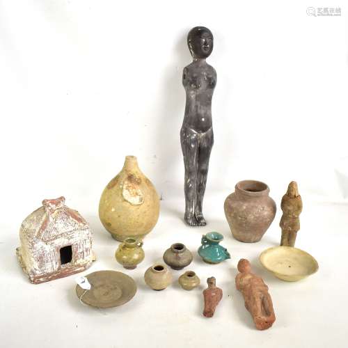 A group of ancient pottery including a Chinese Han dynasty earthenware figure (lacking arms), height