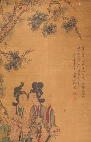 A Qing Dynasty Figure Painting on Silk Scroll, Gai Qi Mark