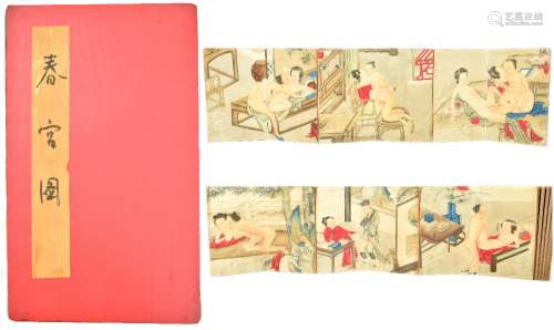 A mid-20th century Japanese shunga fold-out album containing eight hand-finished erotic images, in