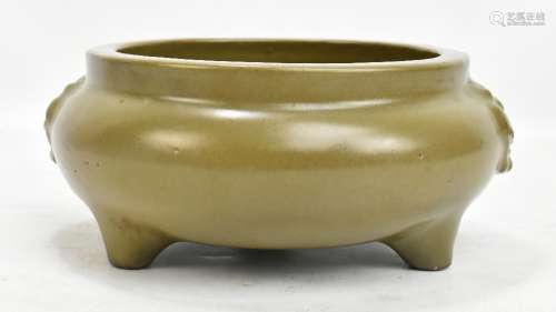 A good 18th century Chinese tea dust glazed censer of squat circular form with twin moulded masks,